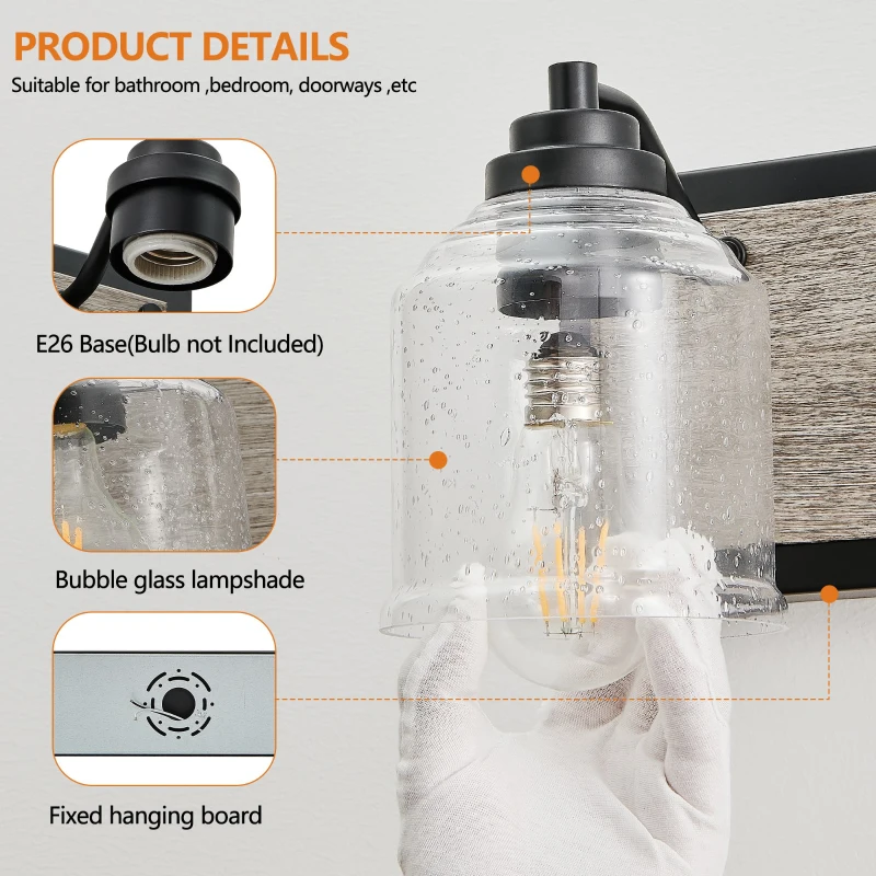 40" Farmhouse 5-Light Bathroom Wall Sconce with Clear Seeded Glass Shades, Modern Industrial Vanity Light Fixture, 40" L x 7" W x 7" H, Black