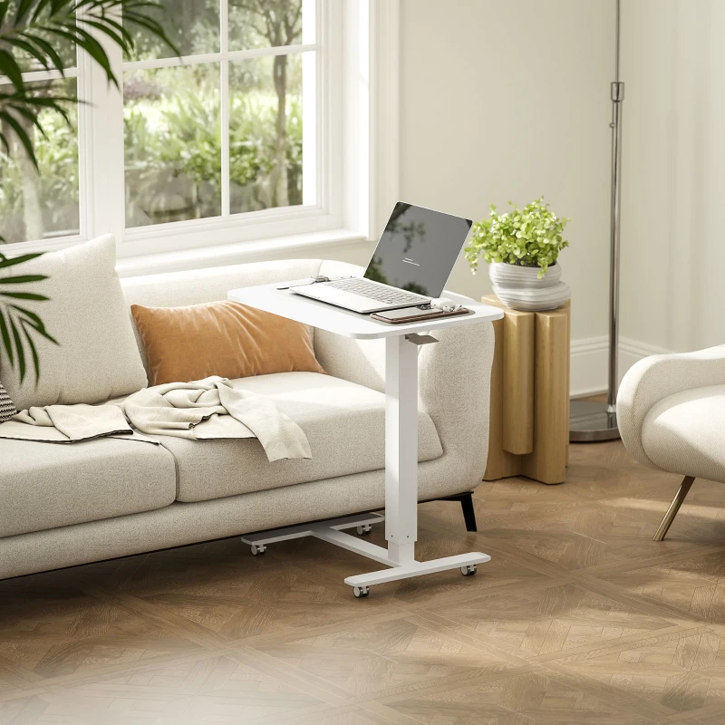 HOMCOM Pneumatic Standing Desk Adjustable Height, Mobile Stand Up Desk with Wheels, 43 Inch Portable Rolling Table, White