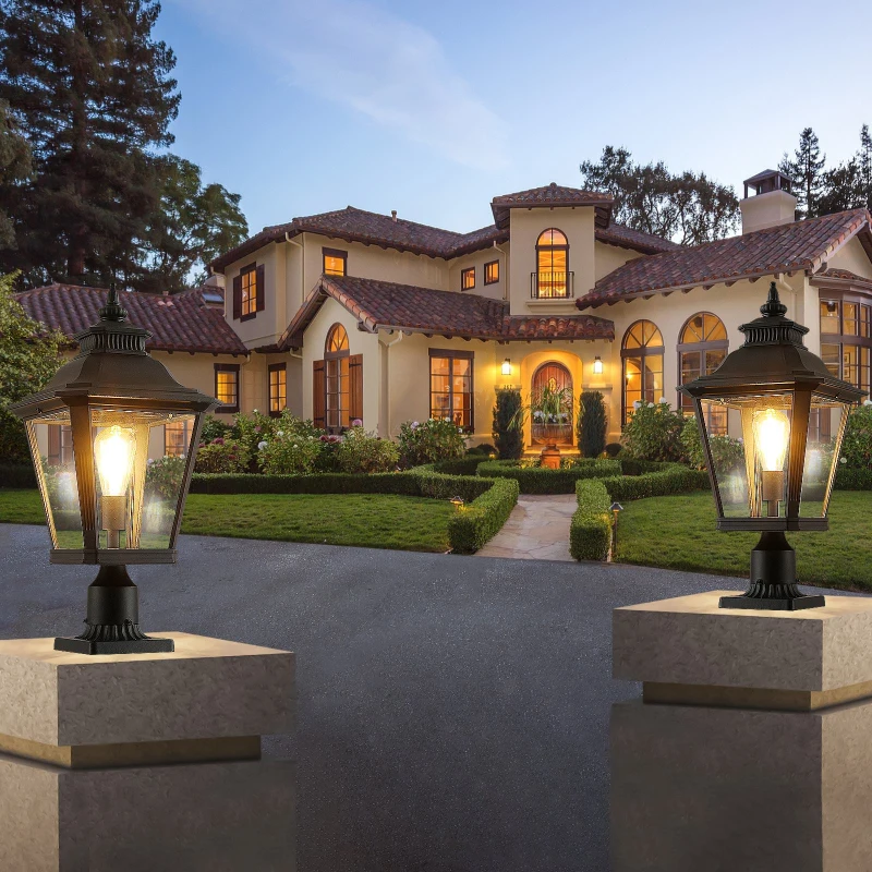 2-Pack Outdoor Post Lantern Lights with Weather-Resistant Design, Clear Glass Pillar Lamps for Garden, Driveway, 22" L x 11" W x 21" H, Black