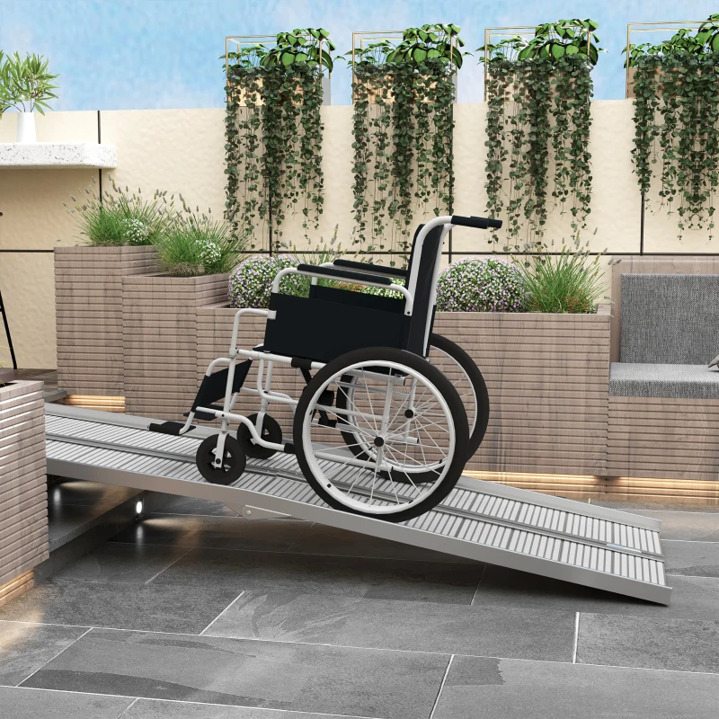 HOMCOM 8' Foldable Handicap Ramp for Home, Steps, Doorways, Aluminum Portable Wheelchair Ramp, Textured Threshold Ramp, Silver(m-8)