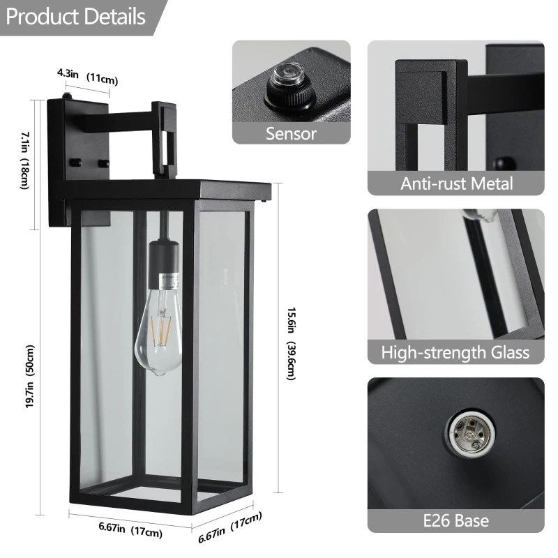 Set of 2 Modern Outdoor Wall Lanterns with Clear Glass, Ambient Light Sensors, Weatherproof Design, 9" L x 9.5" W x 20" H, Black