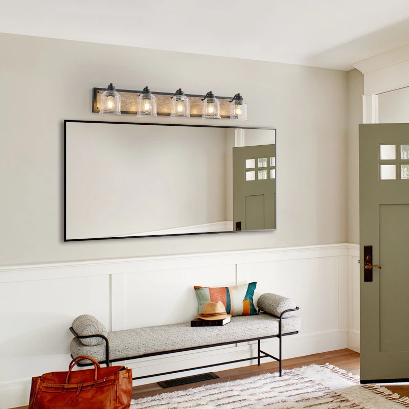 40" Farmhouse 5-Light Bathroom Wall Sconce with Clear Seeded Glass Shades, Modern Industrial Vanity Light Fixture, 40" L x 7" W x 7" H, Black