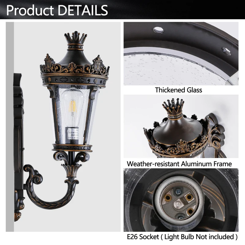 21" Vintage Outdoor Wall Lantern with Crown Top, Waterproof Exterior Sconce, Easy Installation, 10" L x 8" W x 21" H, Coffee+Golden