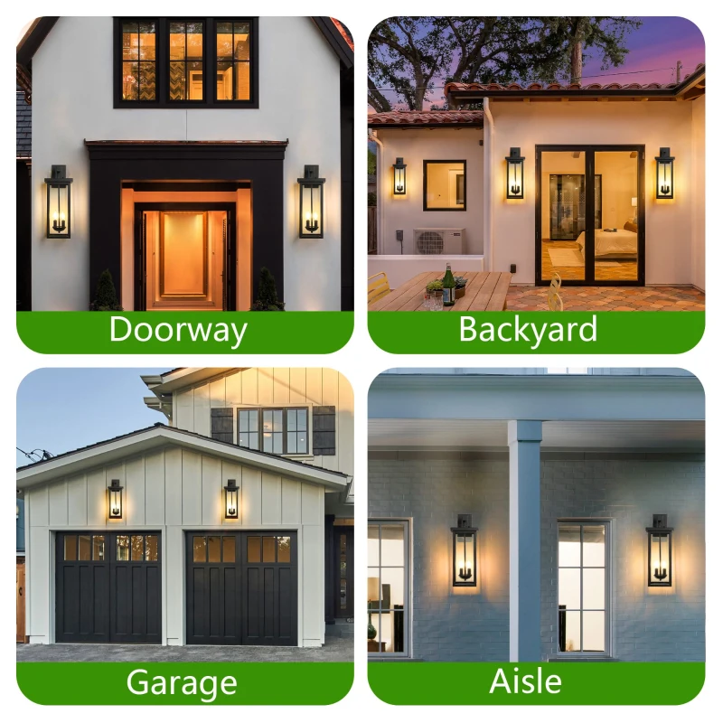 Outdoor Wall Lantern with Dusk to Dawn Sensor, Weatherproof Dual-Light Design, Clear Glass Panels, 8" L x 9.5" W x 22" H, Black