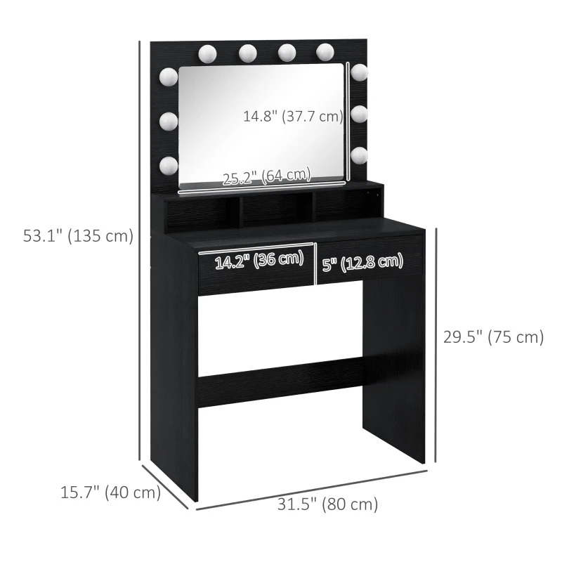 HOMCOM Vanity Table, Makeup Dressing Table with LED Lighting Mirror, Drawers, for Bedroom, Black