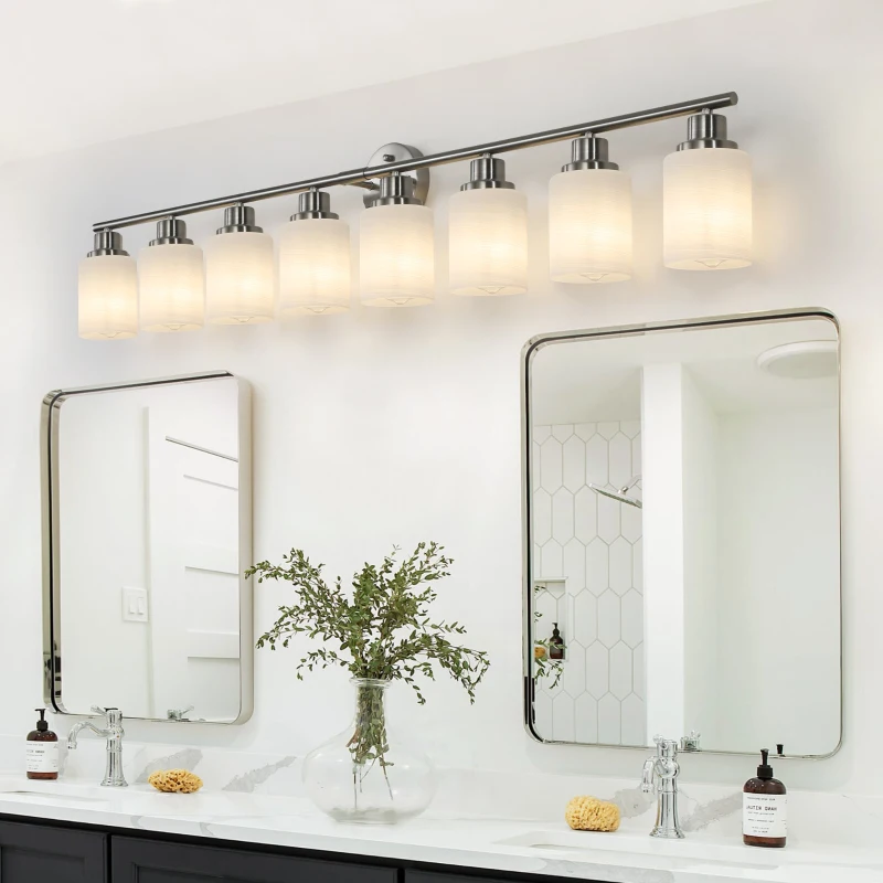 52" 8-Light Vanity Wall Sconce with Frosted Glass Shades, Brushed Nickel Finish, Ideal for Bathroom, Hallway, 52" L x 6.5" W x 10" H, Silver