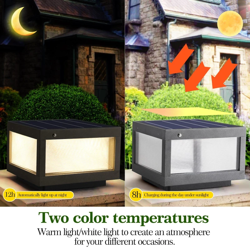 12" Solar Powered LED Post Cap Light with IP65 Waterproof, Modern Outdoor Fence Light for Pathways, Decks, Patios, 12" L x 12" W x 8" H, Black