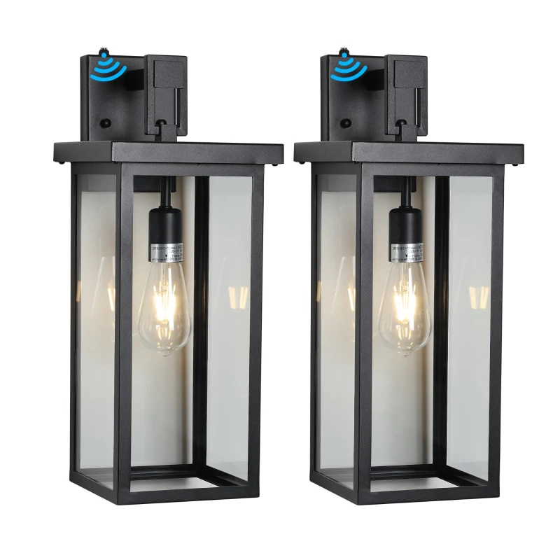 Set of 2 Modern Outdoor Wall Lanterns with Clear Glass, Ambient Light Sensors, Weatherproof Design, 9" L x 9.5" W x 20" H, Black