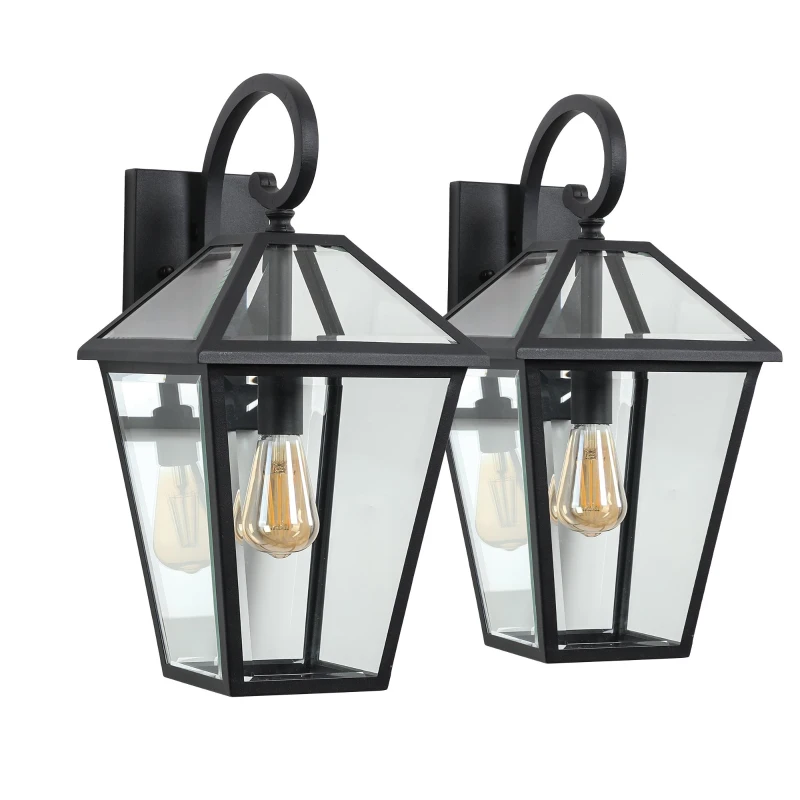 10" Outdoor Wall Lanterns with Clear Glass Panels, Weatherproof Vintage Exterior Light Fixtures, Ideal for Porch, 10" L x 8" W x 16.5" H, Black