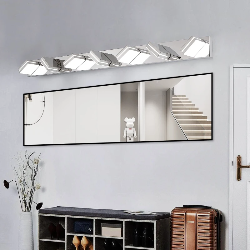 Energy-Efficient 7-Light Wall Sconce with Geometric Lamp Heads, Chrome LED Vanity Light for Bathroom, Mirror, 55" L x 4.5" W x 5" H, Silver