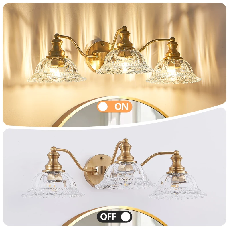 3-Light Vintage Wall Sconce with Golden Finish, Clear Glass Shades, Elegant Vanity Light Fixture for Bathroom, 24" L x 12" W x 8" H, Gold