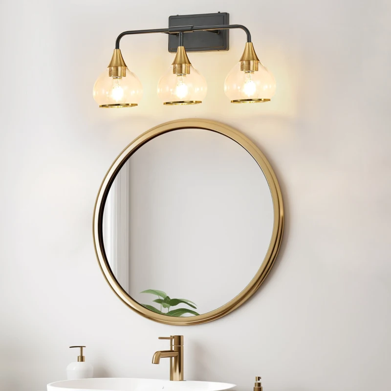 23" Industrial 3-Light Vanity Wall Sconce with Clear Glass Shades, Wall Mounted Lamp for Bathroom, Bedroom, 23" L x 8" W x 11" H, Black+Gold