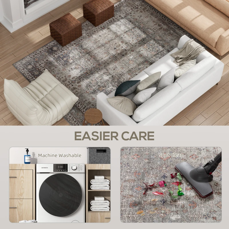 HOMCOM Machine Washable Area Rug 8x10, Non-Slip Traditional Floor Cover Foldable Carpet for Living Room, Dark Mixed-Brown