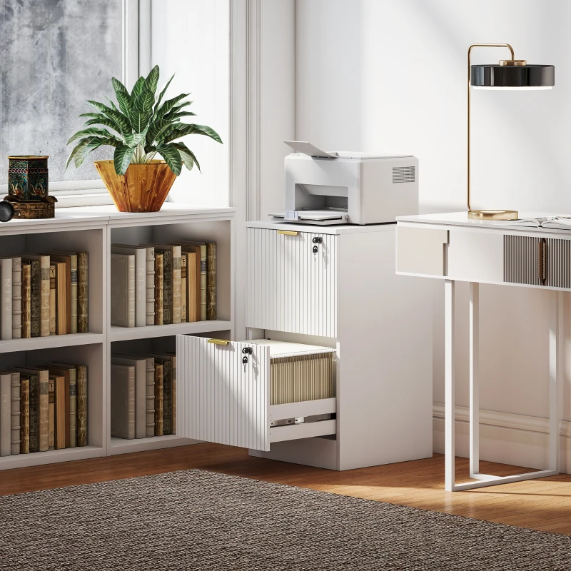 HOMCOM Lockable Filing Cabinet with 2 Fluted Drawers, File Cabinet with Adjustable Hanging Rails for A4 Letter Files, White