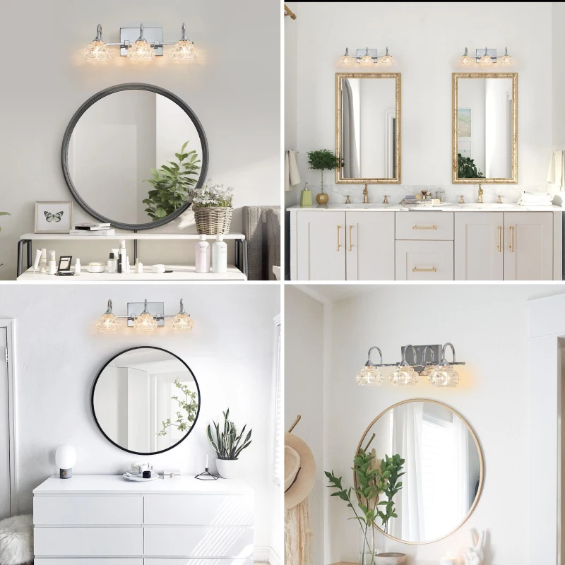 17" Elegant 3-Light Bathroom Fixture with Clear Glass Shades, Brushed Nickel Finish, Vintage Crystal Vanity Light, 17.5" L x 7" W x 6.5" H, Silver
