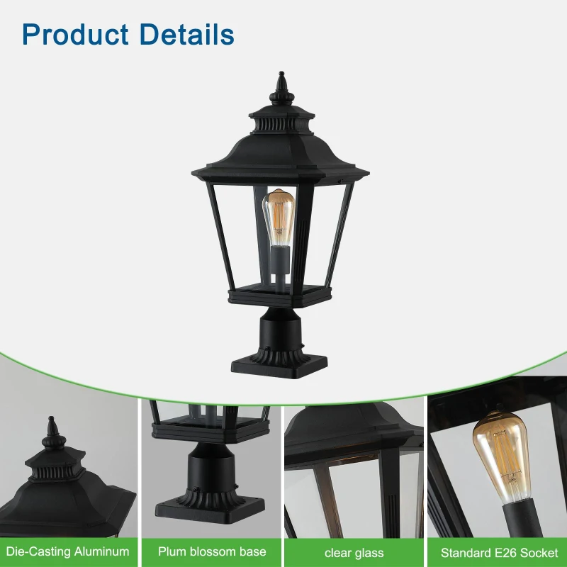 Outdoor Post Lantern Light with Pathway Lighting, Vintage Metal, Clear Glass Pillar Lamp for Garden, Gate, Driveway, 11" L x 11" W x 21" H, Black
