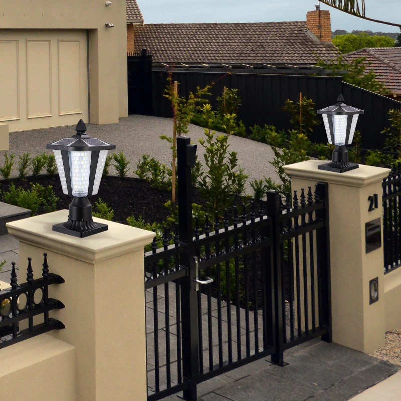 2-Pack Solar Powered Outdoor Lantern with LED, Modern Garden Light for Pathways, Yards, and Driveways, 8" L x 8" W x 15" H, Black