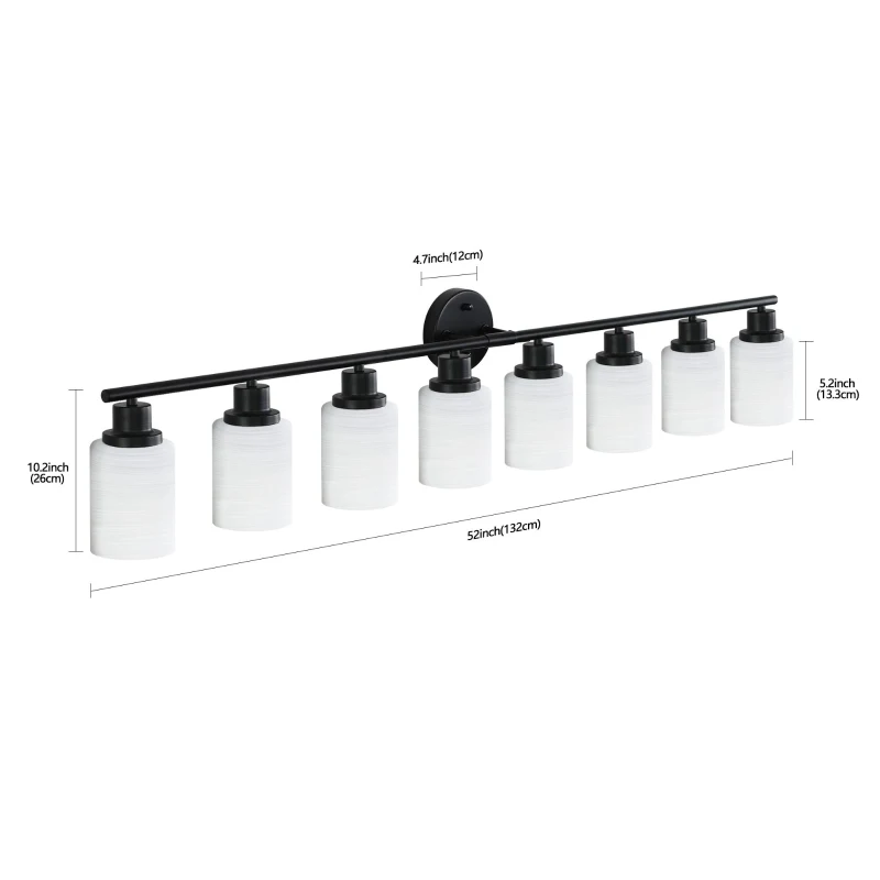 52" Modern 8-Light Vanity Light with Iron Frame, Frosted Glass, Wall Sconce for Bathroom, Dressing Room, 52" L x 6.5" W x 10" H, Black+White