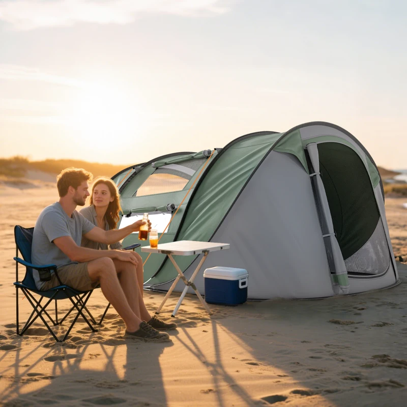 Outsunny 4 Person Camping Tent, Easy Pop Up Tent with Doors, Windows and Carry Bag, Automatic Setup Tent for Hiking, Dark Green