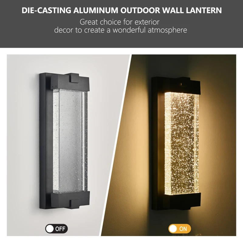 19" Outdoor Wall Light with Bubble Crystal Glass, Weatherproof Aluminum Exterior Sconce for Patio, Porch, Garage, 6.5" L x 4" W x 19.5" H, Black