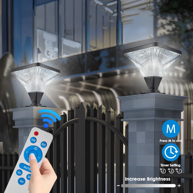 15" Outdoor LED Post Light with Remote Control, Dimmable and Timer Function, Weatherproof for Yard, Garden, 15" L x 15" W x 15.5" H, Black