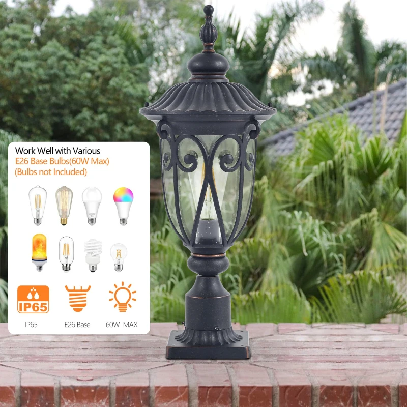 Vintage Outdoor Post Lantern with Bubble Glass, Waterproof Aluminum Lamp Post Light, Quick Installation, 9.5" L x 9.5" W x 24" H, Black