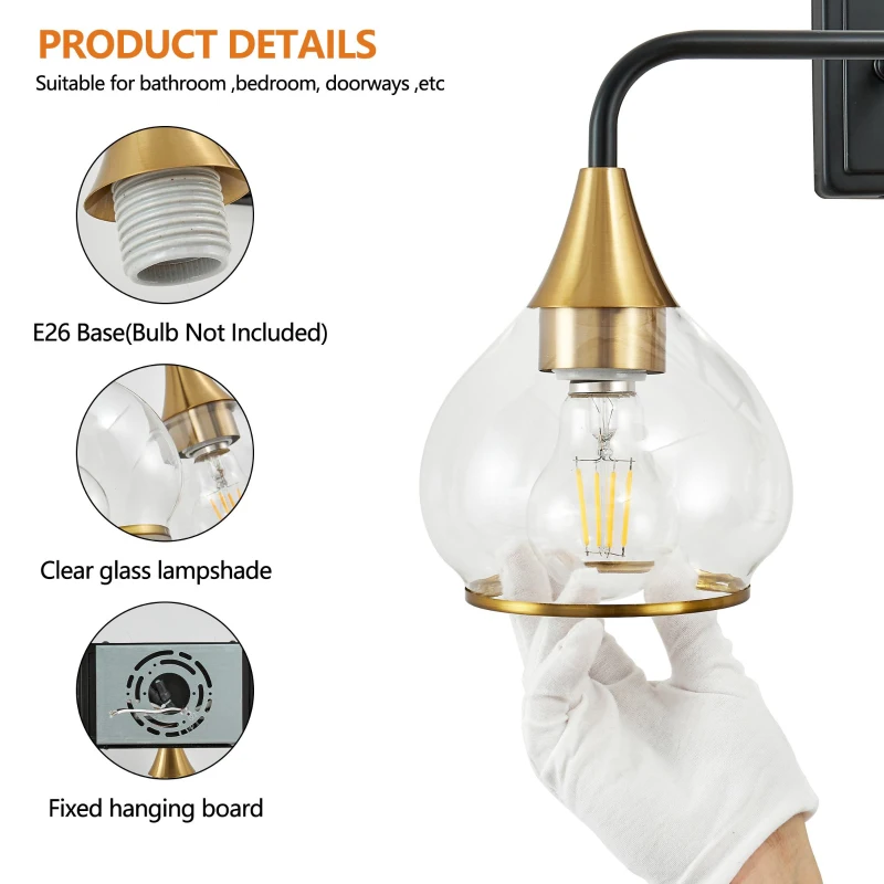 23" Industrial 3-Light Vanity Wall Sconce with Clear Glass Shades, Wall Mounted Lamp for Bathroom, Bedroom, 23" L x 8" W x 11" H, Black+Gold