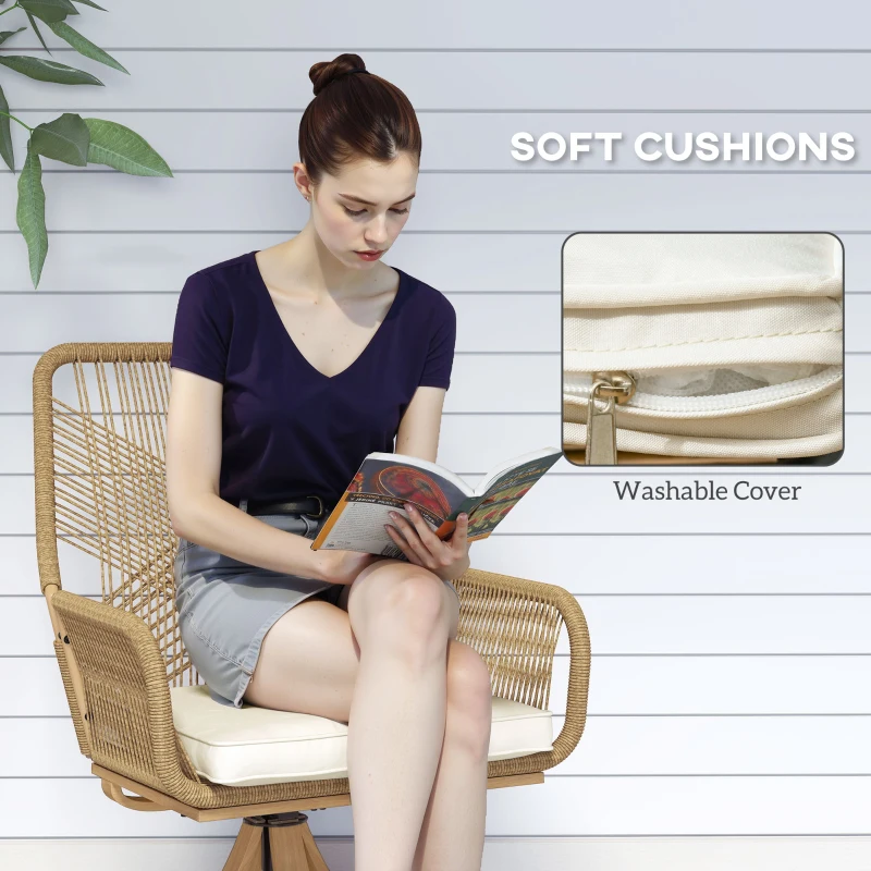 Outsunny Patio Swivel Chairs Set of 2, Rattan Patio Dining Chairs with Soft Cushions for Backyard, Lawn, Porch, or Garden, Khaki