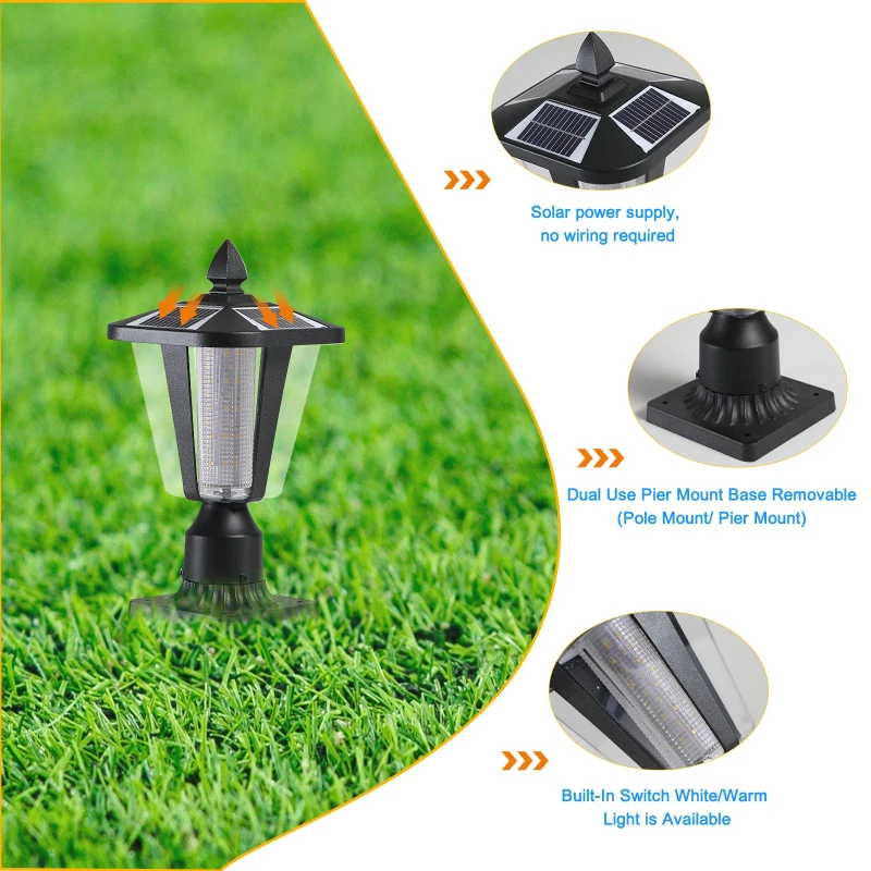 2-Pack Solar Powered Outdoor Lantern with LED, Modern Garden Light for Pathways, Yards, and Driveways, 8" L x 8" W x 15" H, Black