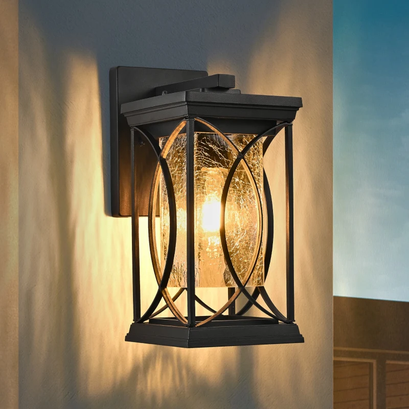 Outdoor Wall Lantern with Crackled Glass, Weather-Resistant Exterior Light Fixture for Porch, Patio, Entryway, 6.5" L x 8.5" W x 14" H, Black