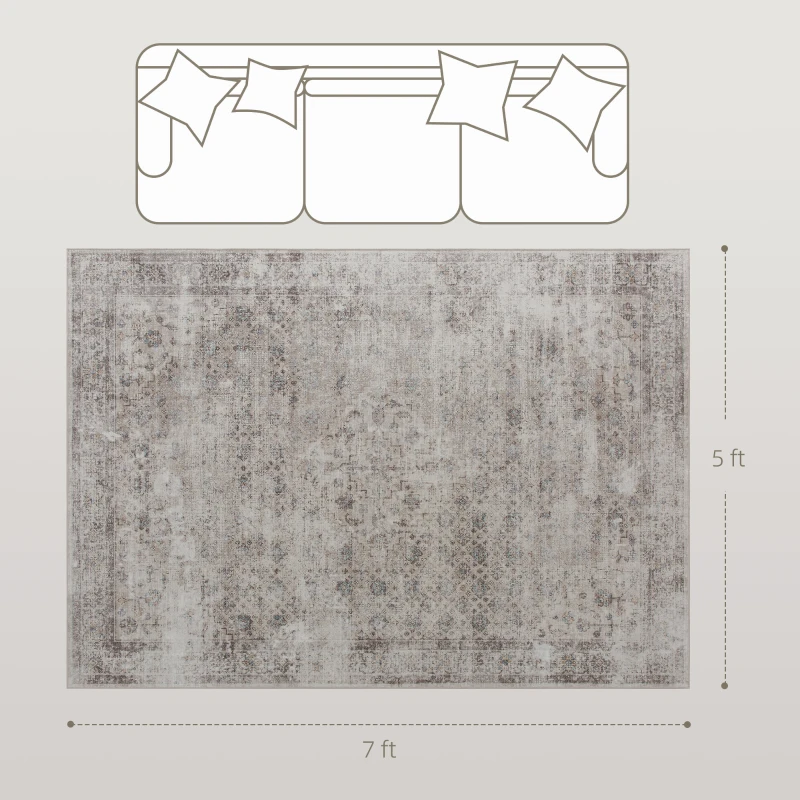 HOMCOM Machine Washable Area Rug 5x7, Non-Slip Traditional Floor Carpet for Living Room, Bedroom, Light Mixed-Brown