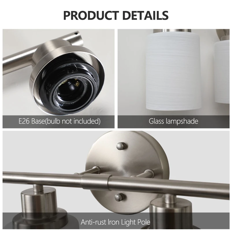 52" 8-Light Vanity Wall Sconce with Frosted Glass Shades, Brushed Nickel Finish, Ideal for Bathroom, Hallway, 52" L x 6.5" W x 10" H, Silver