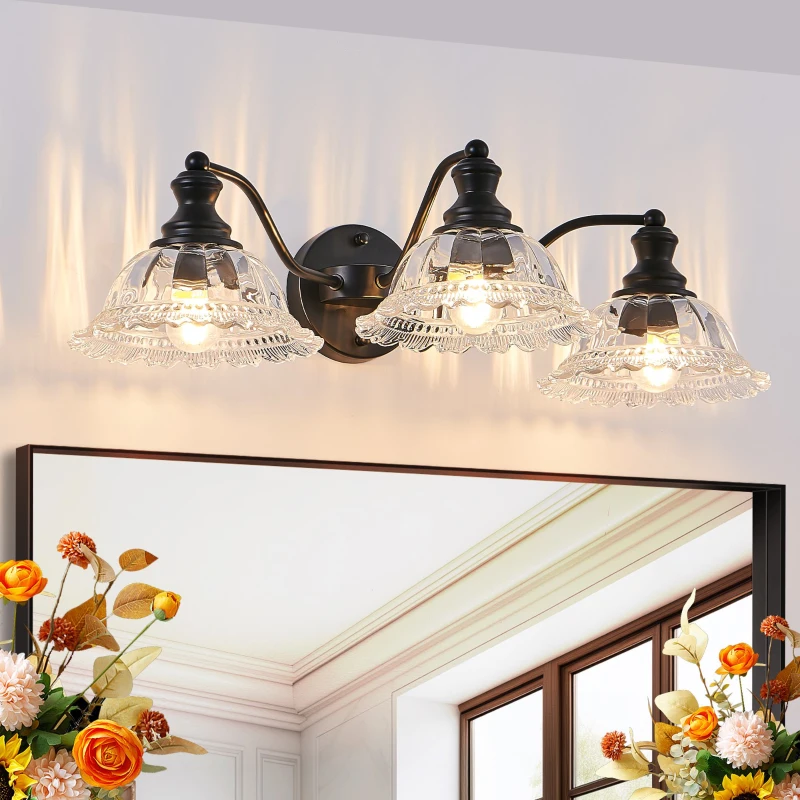 24" Vintage 3-Light Wall Sconce with Clear Glass Lampshades, Vanity Fixture for Bathroom, Hallway, Bedroom, 24" L x 12" W x 8" H, Black
