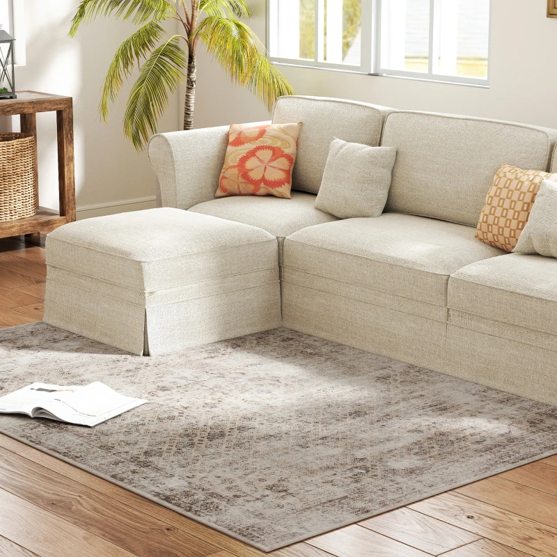 HOMCOM Machine Washable Area Rug 4x6, Non-Slip Traditional Floor Carpet for Living Room, Bedroom, Light Mixed-Brown