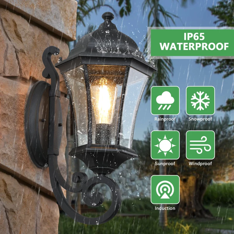 2-Pack Vintage Wall-Mounted Outdoor Lantern Lights with Versatile Lighting, Ideal for Porch, Patio, 22" L x 9.5" W x 19.5" H, Black