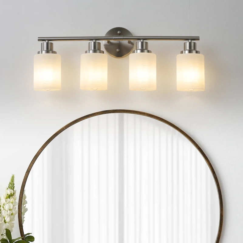24.5" Modern 4-Light Vanity Wall Sconce with Frosted Glass Shades, Brushed Nickel Finish, Easy Installation, 24.5" L x 6.5" W x 10" H, Silver