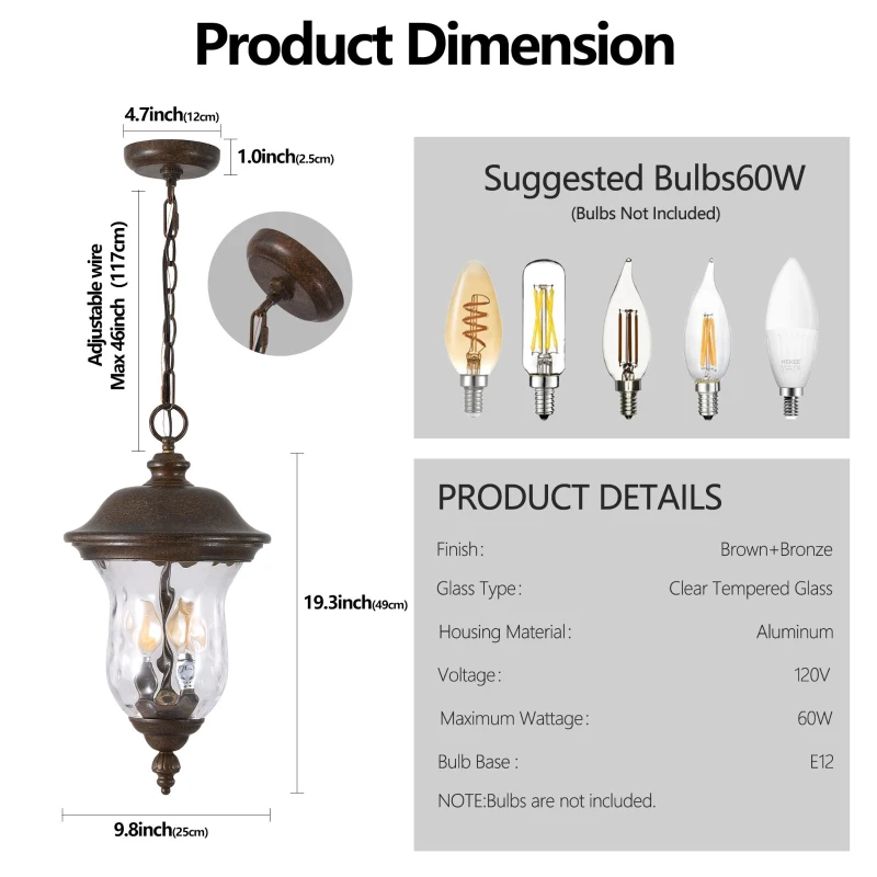 Rustic Outdoor Hanging Lantern with Clear Glass Shade, Waterproof Exterior Lighting Fixture for Porch, 10" L x 10" W x 19.5" H, Brown+Bronze