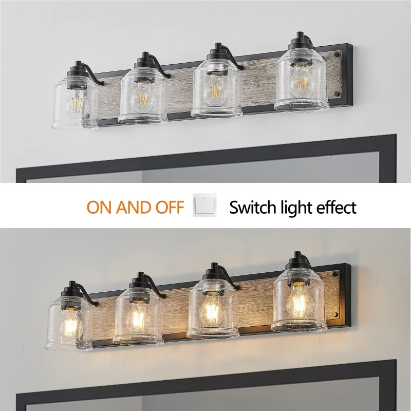 31.5" Farmhouse 4-Light Wall Sconce with Clear Glass Shades, Wooden Backboards, Industrial Vanity Light Fixture, 31.5" L x 7" W x 7" H, Black