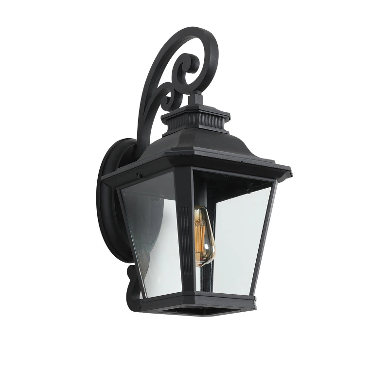 Outdoor Wall Lantern Light with Decorative Scroll Design, Clear Glass Sconce, Weather-Resistant Aluminium, 14" L x 11" W x 21" H, Black