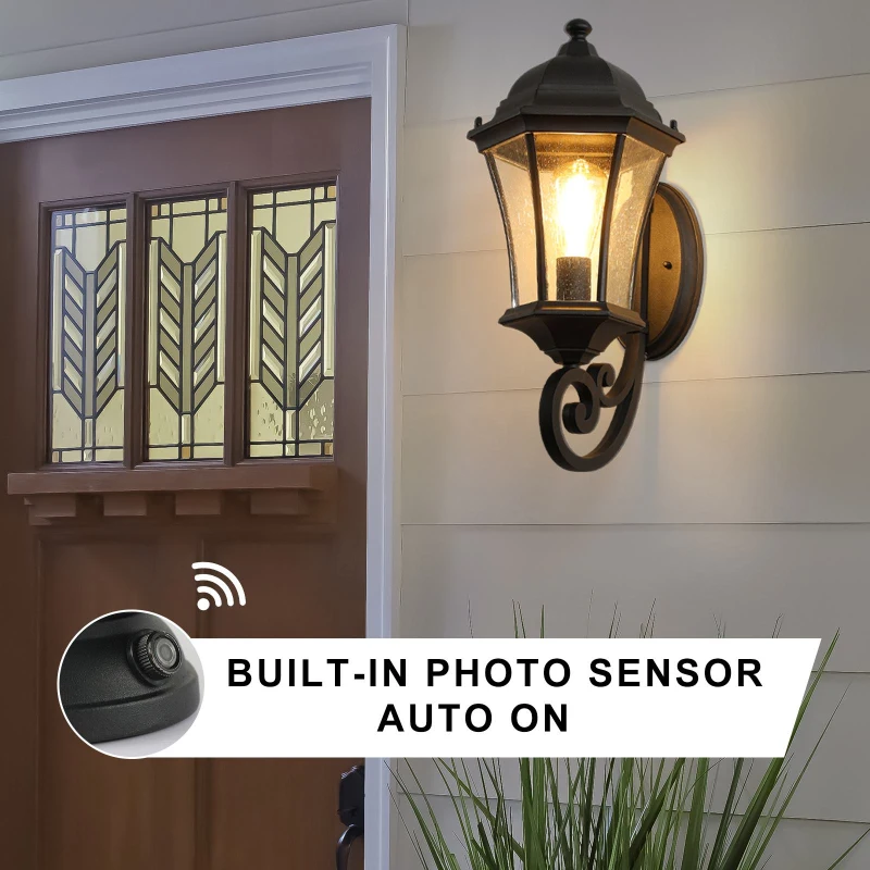 Vintage Wall-Mounted Outdoor Lantern Light with Weather-Resistant, Aluminum Sconce for Porch, Patio, 11" L x 9.5" W x 19.5" H, Black