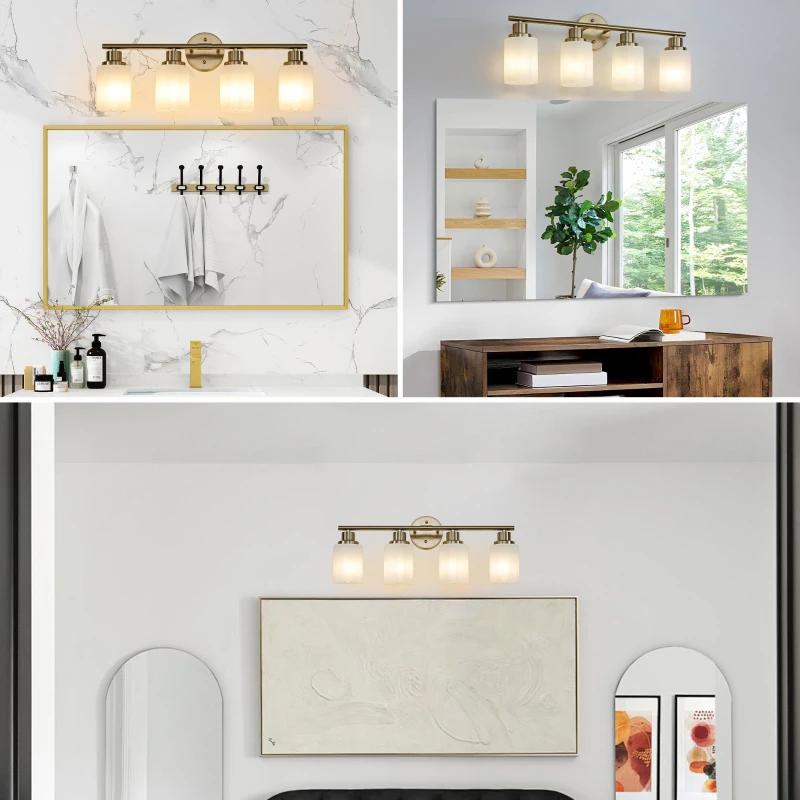 24.5" Modern 4-Light Vanity Wall Sconce with Frosted Glass Shades, Hard-Wired Bathroom Lighting Fixture, 24.5" L x 6.5" W x 10" H, Gold