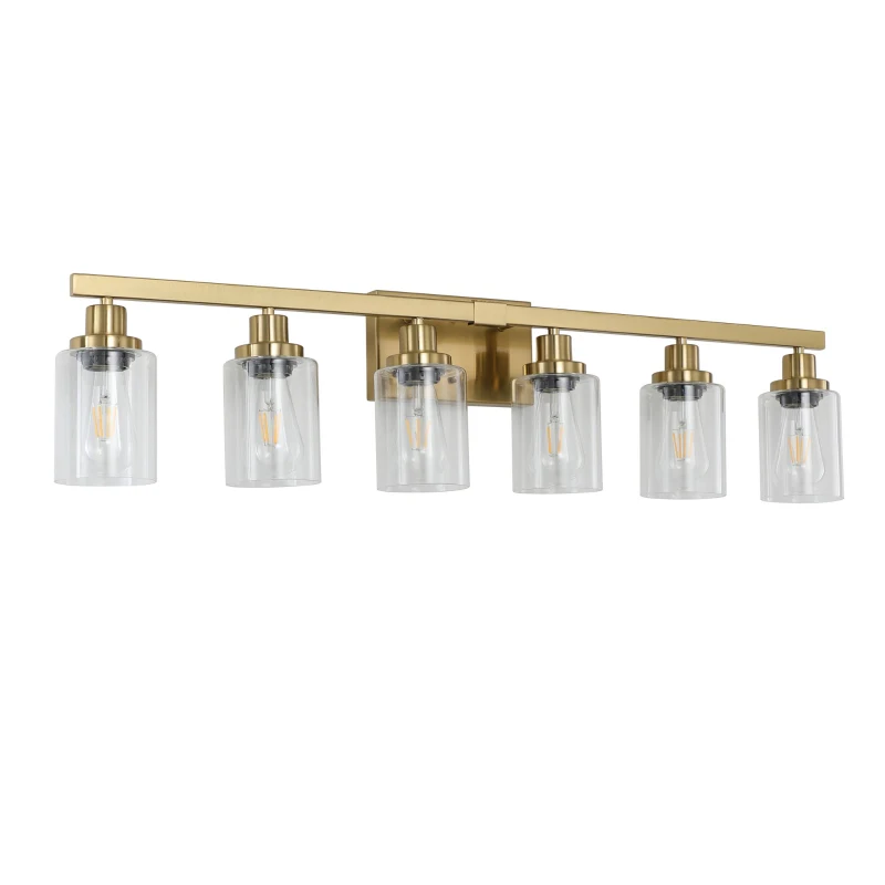 37" 6-Light Vanity Light with Clear Glass Shades, Easy Installation, Modern Iron Metal Bathroom Wall Fixture for Mirror, 37" L x 6" W x 9" H, Golden