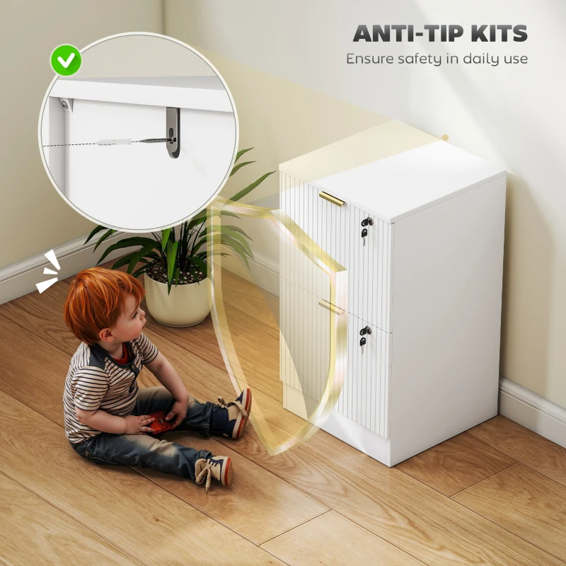 HOMCOM Lockable Filing Cabinet with 2 Fluted Drawers, File Cabinet with Adjustable Hanging Rails for A4 Letter Files, White