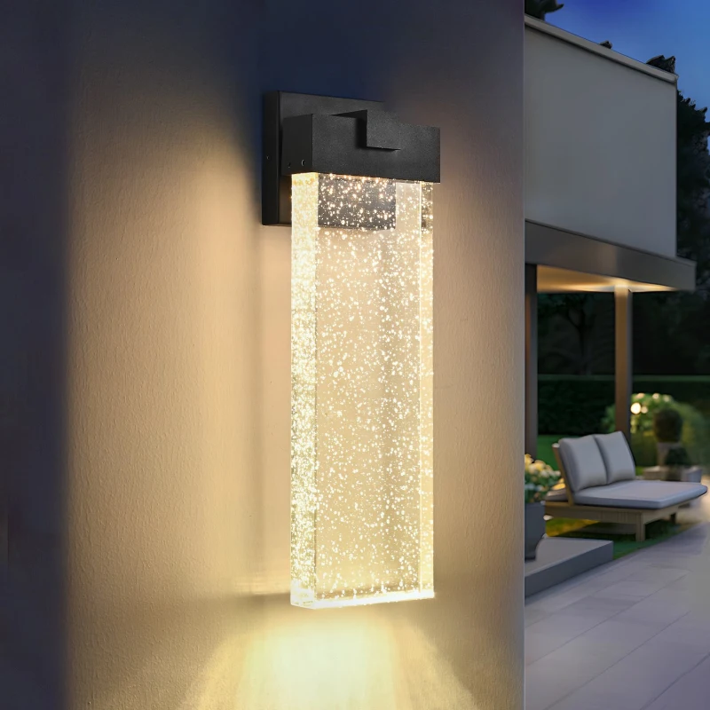 Modern Outdoor Wall Light Fixture with Bubble Crystal, Weatherproof LED Wall Sconce, Up and Down Lighting, 4" L x 5.5" W x 18" H, Black