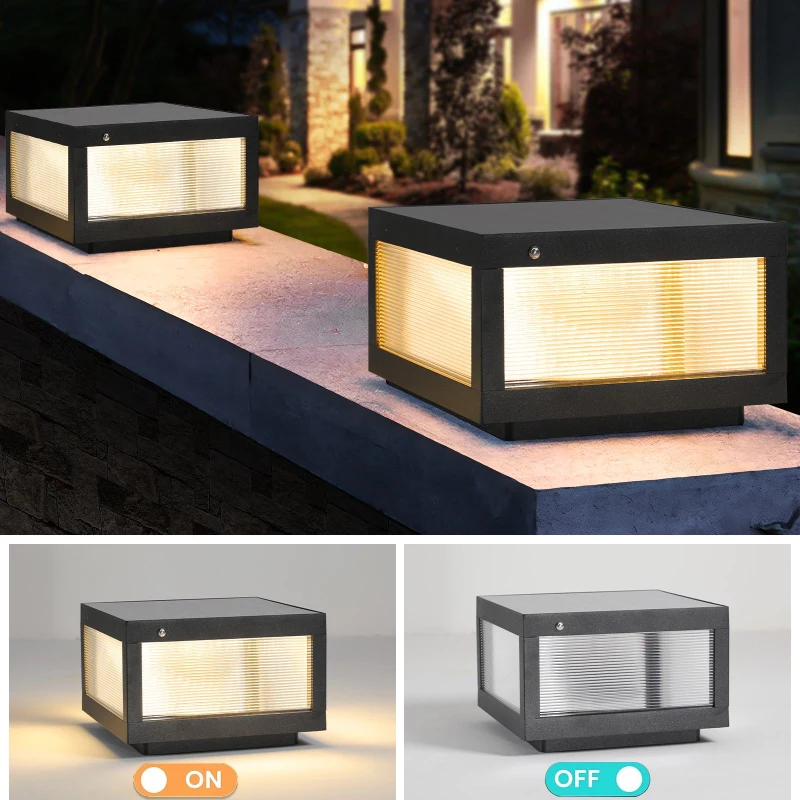 12" Solar Powered LED Post Cap Light with IP65 Waterproof, Modern Outdoor Fence Light for Pathways, Decks, Patios, 12" L x 12" W x 8" H, Black