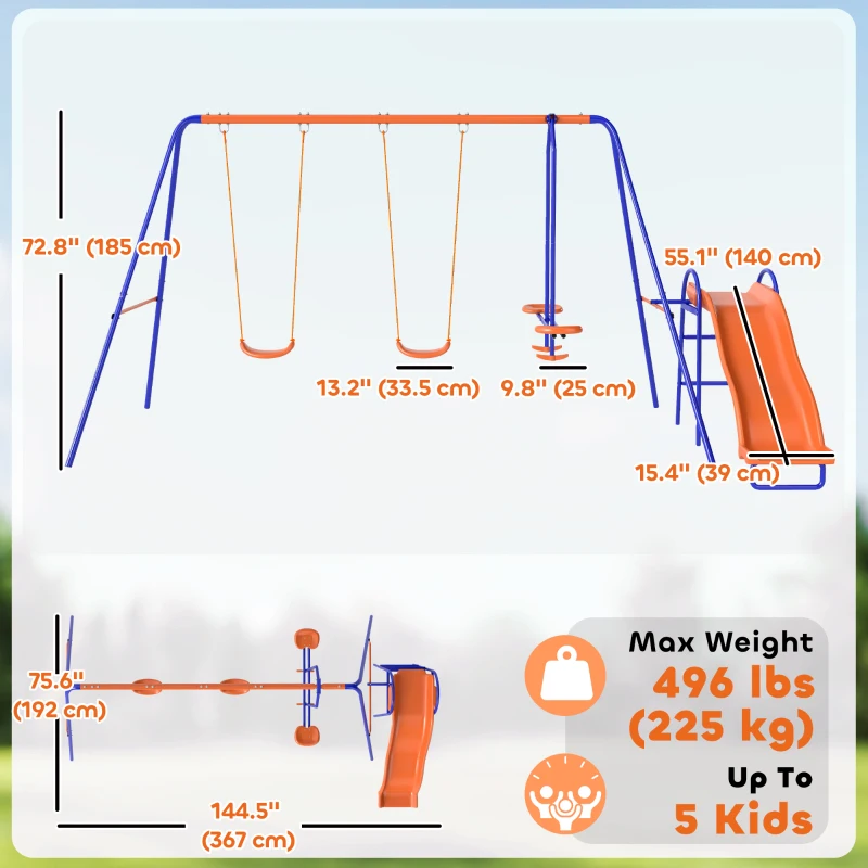 Outsunny 4 in 1 Metal Swing Set with Double Swings, Glider, Slide, Ladder for Backyard, Outdoor, Playground, Multicoloured