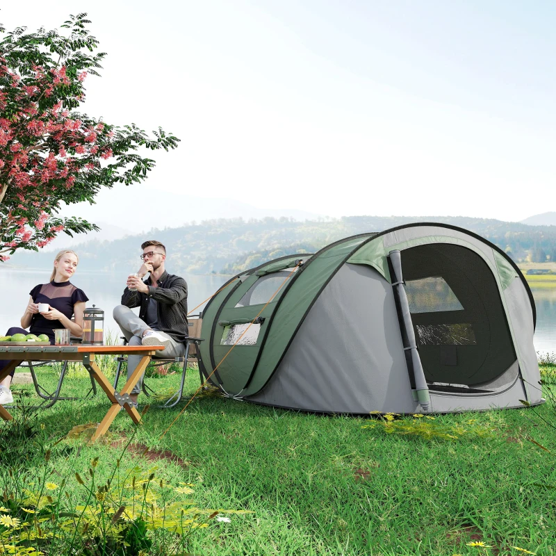 Outsunny 4 Person Camping Tent, Easy Pop Up Tent with Doors, Windows and Carry Bag, Automatic Setup Tent for Hiking, Dark Green