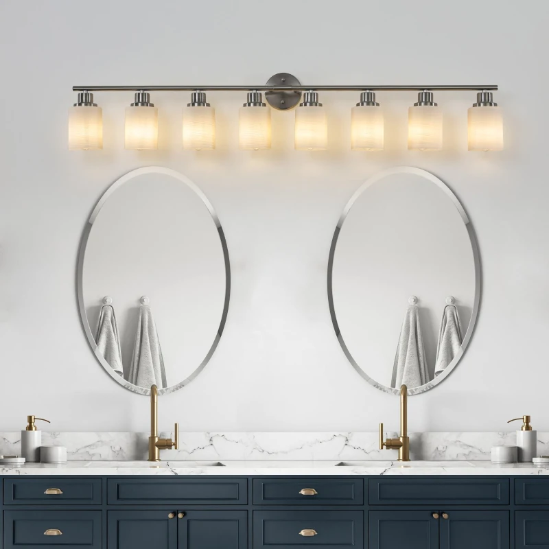 52" 8-Light Vanity Wall Sconce with Frosted Glass Shades, Brushed Nickel Finish, Ideal for Bathroom, Hallway, 52" L x 6.5" W x 10" H, Silver