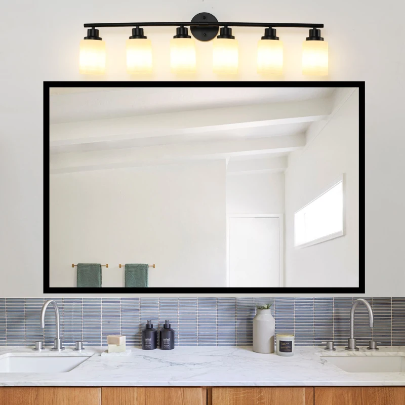 39" Modern 6-Light Vanity Light with Iron Frame, Frosted Glass, Wall Sconce for Bathroom, Dressing Room, 39" L x 6.5" W x 10" H, Black+White
