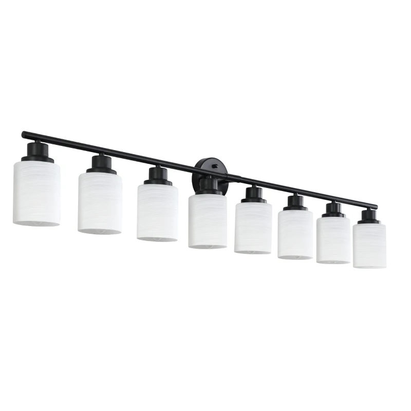 52" Modern 8-Light Vanity Light with Iron Frame, Frosted Glass, Wall Sconce for Bathroom, Dressing Room, 52" L x 6.5" W x 10" H, Black+White